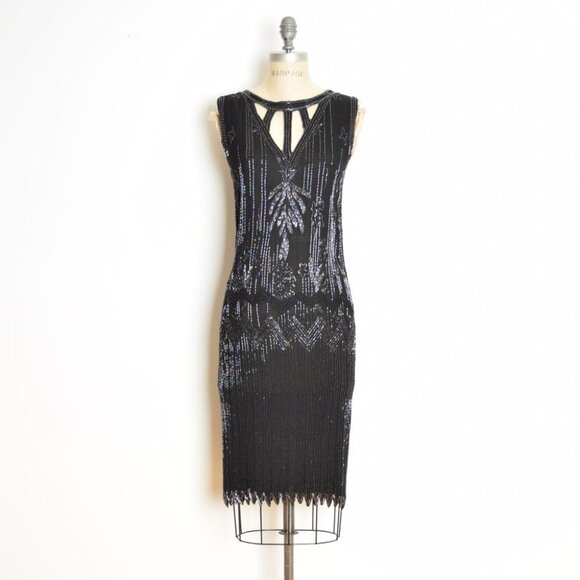 vintage 80s flapper dress black silk sequin beaded cutout cocktail party prom XS - Picture 1 of 10